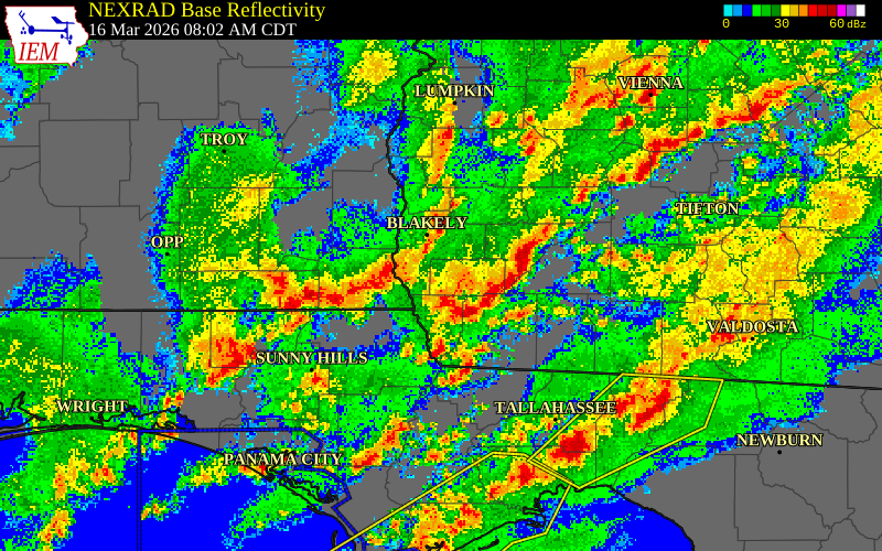 NEXRAD radar during the Monday, March 16, 2026 storm activity in Calhoun County, Alabama