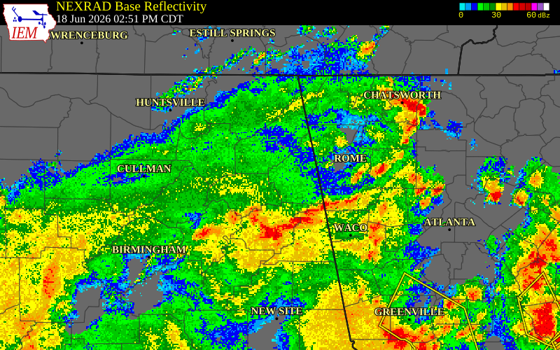 NEXRAD radar during the Thursday, June 18, 2026 storm activity in Calhoun County, Alabama