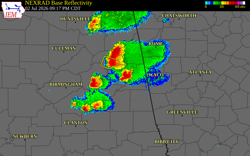 NEXRAD radar during the Thursday, July 2, 2026 storm activity in Calhoun County, Alabama