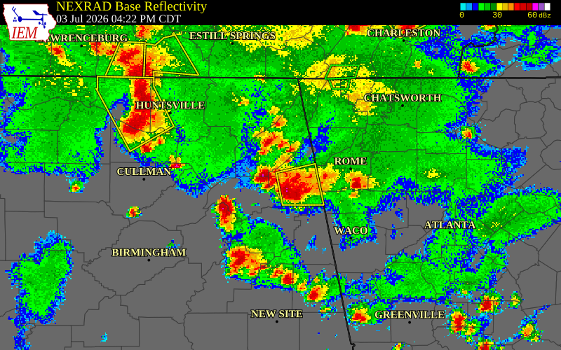 NEXRAD radar during the Friday, July 3, 2026 storm activity in Calhoun County, Alabama