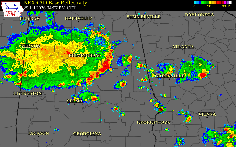 Radar snapshot during the Jul 25, 2026 wind event near Calhoun County, Calhoun County, Alabama, with NWS warning polygons