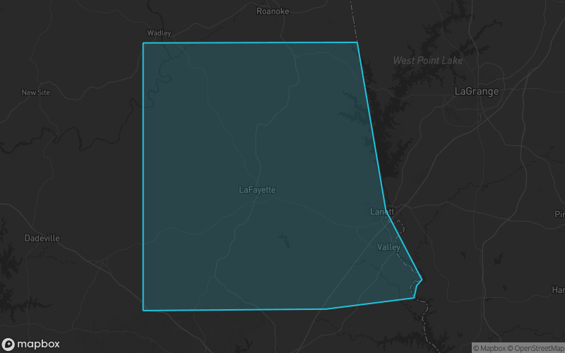 Map of Chambers County, Alabama showing the county boundary and surrounding cities