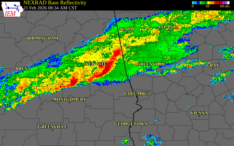 NEXRAD radar during the Saturday, February 21, 2026 storm activity in Chambers County, Alabama