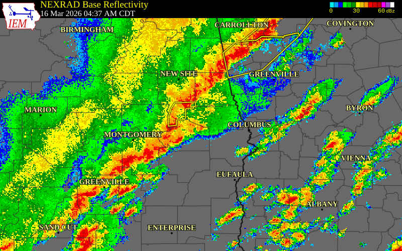 NEXRAD radar during the Monday, March 16, 2026 storm activity in Chambers County, Alabama