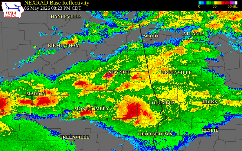 NEXRAD radar during the Wednesday, May 6, 2026 storm activity in Chambers County, Alabama