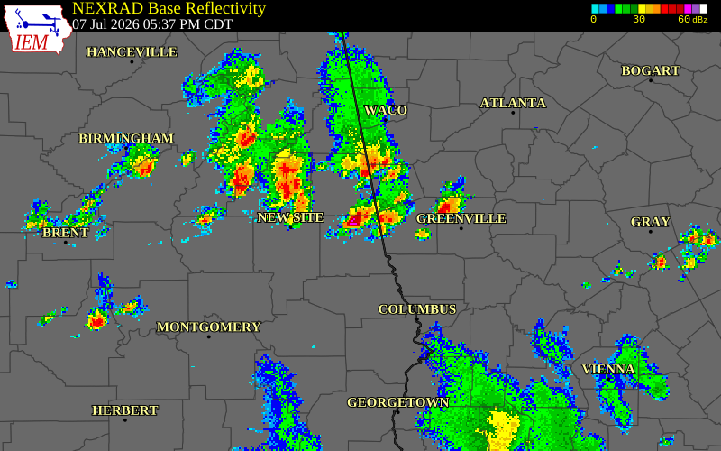 NEXRAD radar during the Tuesday, July 7, 2026 storm activity in Chambers County, Alabama