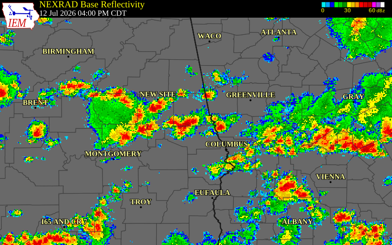 NEXRAD radar during the Sunday, July 12, 2026 storm activity in Chambers County, Alabama