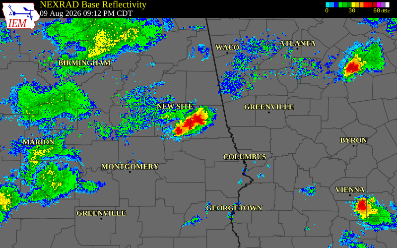 NEXRAD radar during the Sunday, August 9, 2026 storm activity in Chambers County, Alabama