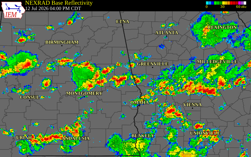 Radar snapshot during the Jul 12, 2026 wind event near Chambers County, Chambers County, Alabama, with NWS warning polygons