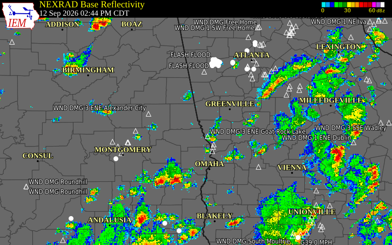 Current NEXRAD radar over Chambers County, Alabama with recent storm report locations