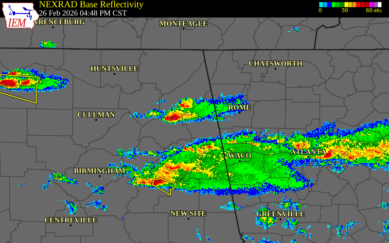 NEXRAD radar during the Thursday, February 26, 2026 storm activity in Cherokee County, Alabama