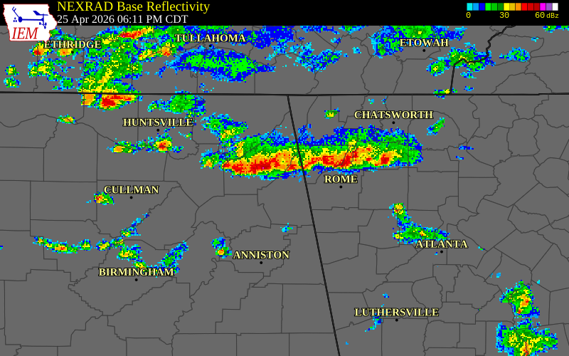 NEXRAD radar during the Saturday, April 25, 2026 storm activity in Cherokee County, Alabama