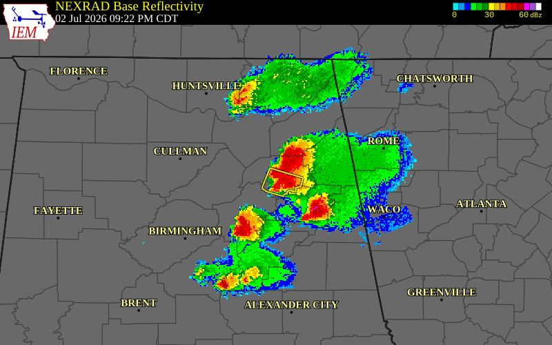 NEXRAD radar during the Thursday, July 2, 2026 storm activity in Cherokee County, Alabama
