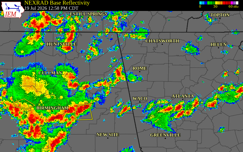 NEXRAD radar during the Sunday, July 19, 2026 storm activity in Cherokee County, Alabama