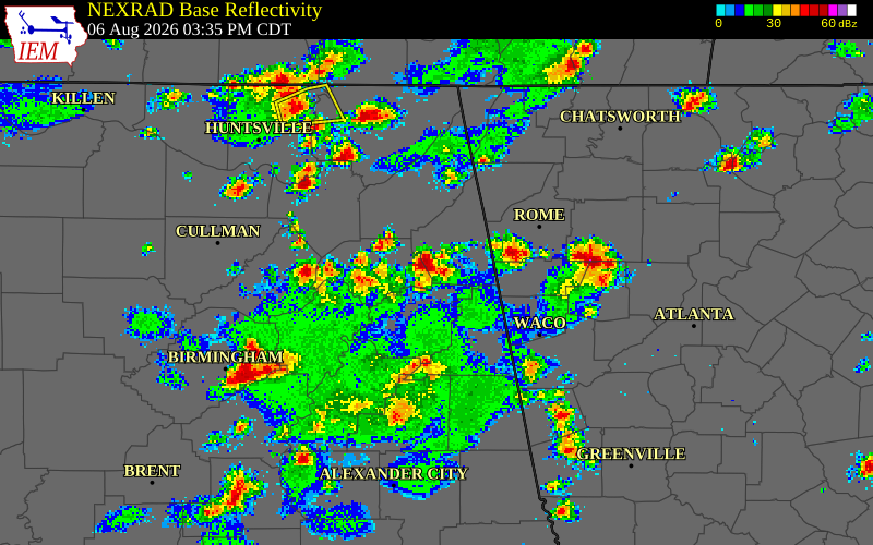 NEXRAD radar during the Thursday, August 6, 2026 storm activity in Cherokee County, Alabama