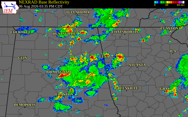 Radar snapshot during the Aug 6, 2026 wind event near Cherokee County, Cherokee County, Alabama, with NWS warning polygons