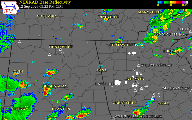 Current NEXRAD radar over Cherokee County, Alabama with recent storm report locations