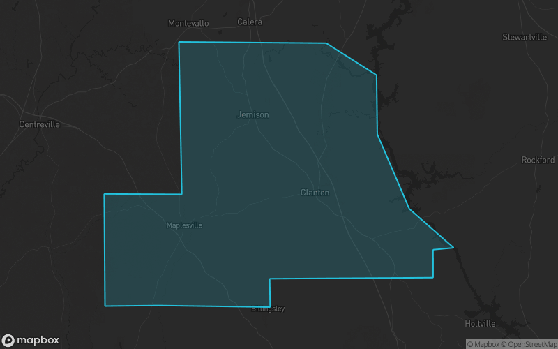 Map of Chilton County, Alabama showing the county boundary and surrounding cities