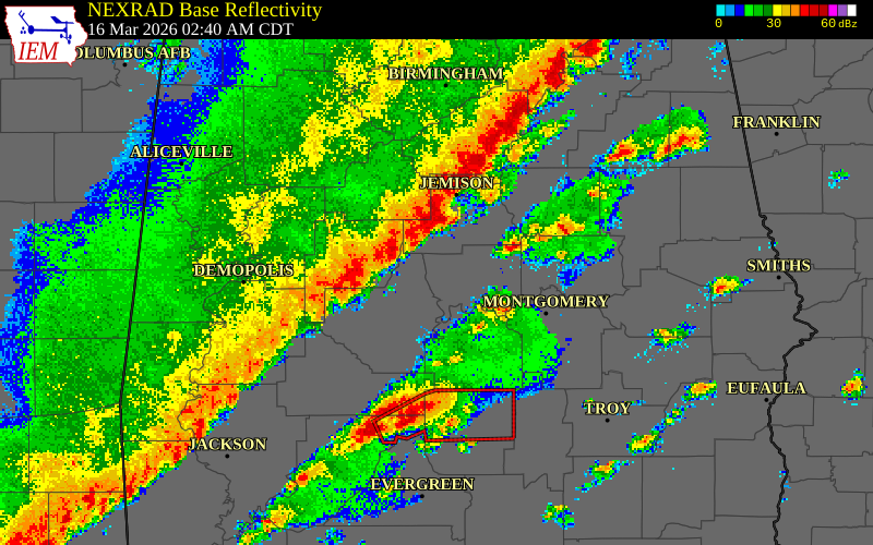 NEXRAD radar during the Monday, March 16, 2026 storm activity in Chilton County, Alabama