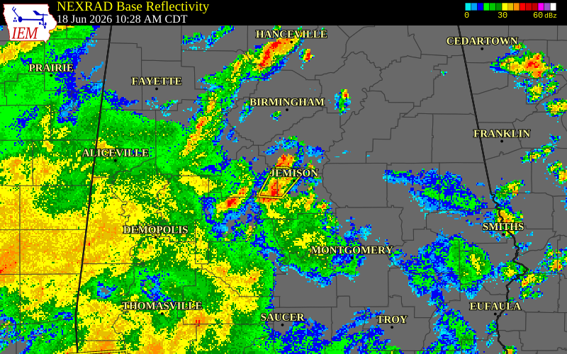 NEXRAD radar during the Thursday, June 18, 2026 storm activity in Chilton County, Alabama