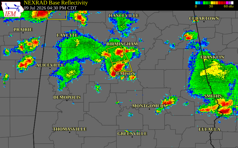 NEXRAD radar during the Thursday, July 9, 2026 storm activity in Chilton County, Alabama