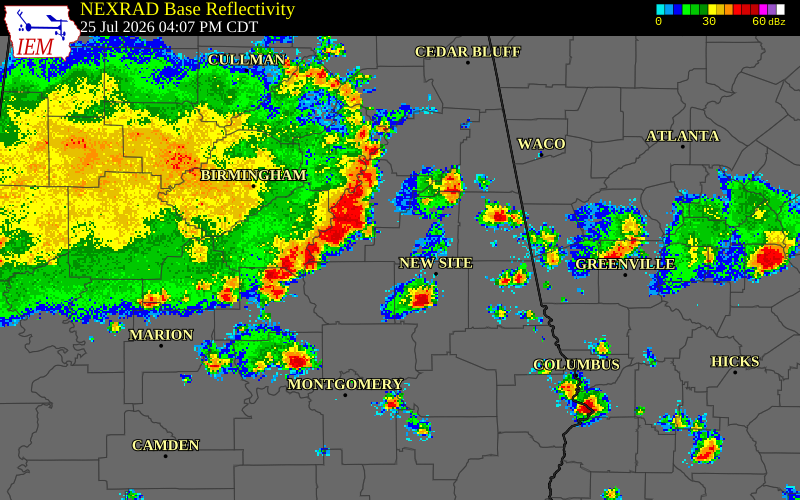 NEXRAD radar during the Saturday, July 25, 2026 storm activity in Chilton County, Alabama