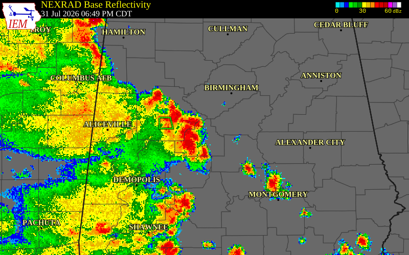 NEXRAD radar during the Friday, July 31, 2026 storm activity in Chilton County, Alabama