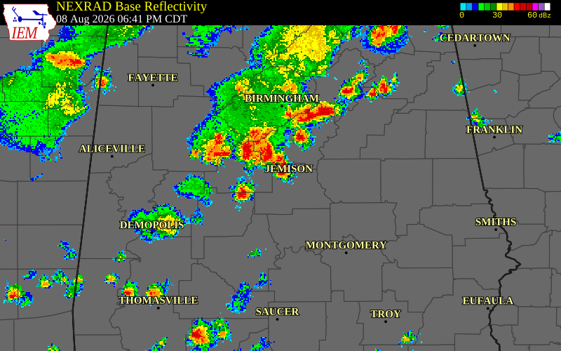 NEXRAD radar during the Saturday, August 8, 2026 storm activity in Chilton County, Alabama