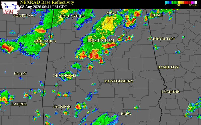 Radar snapshot during the Aug 8, 2026 wind event near Chilton County, Chilton County, Alabama, with NWS warning polygons