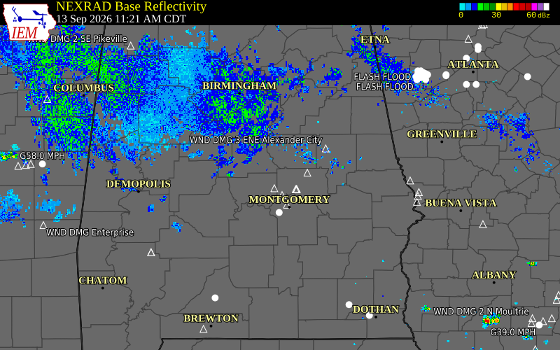 Current NEXRAD radar over Chilton County, Alabama with recent storm report locations