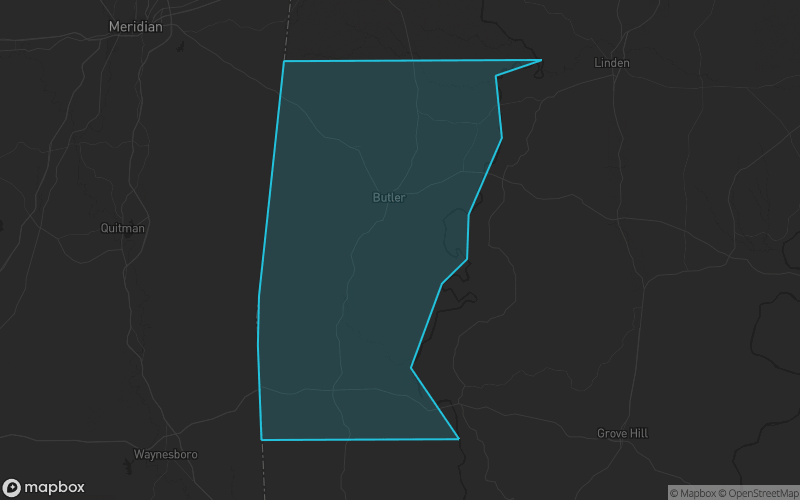 Map of Choctaw County, Alabama showing the county boundary and surrounding cities