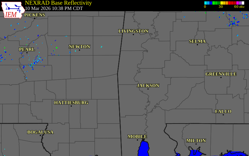 NEXRAD radar during the Tuesday, March 10, 2026 storm activity in Choctaw County, Alabama