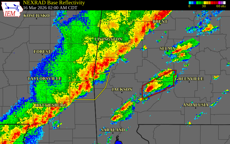 NEXRAD radar during the Monday, March 16, 2026 storm activity in Choctaw County, Alabama