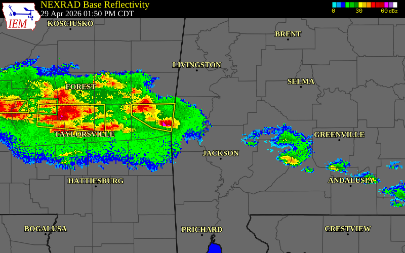 NEXRAD radar during the Wednesday, April 29, 2026 storm activity in Choctaw County, Alabama