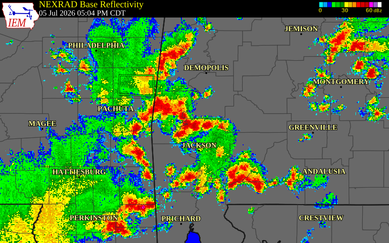 NEXRAD radar during the Sunday, July 5, 2026 storm activity in Choctaw County, Alabama