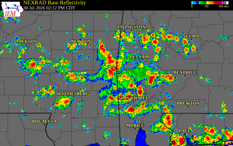 NEXRAD radar during the Thursday, July 30, 2026 storm activity in Choctaw County, Alabama