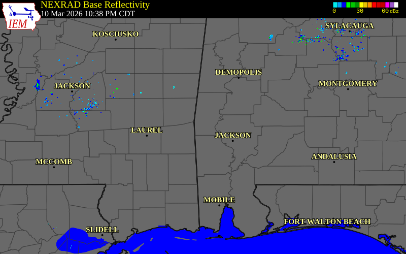 Radar snapshot during the Mar 10, 2026 tornado event near 1 W Souwilpa, Choctaw County, Alabama, with NWS warning polygons