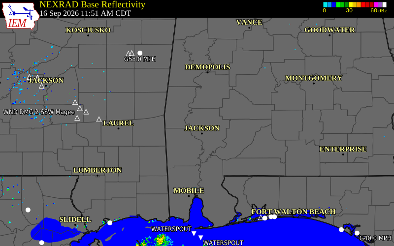Current NEXRAD radar over Choctaw County, Alabama with recent storm report locations