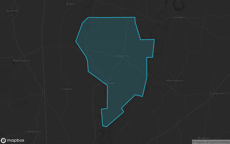 Map of Clarke County, Alabama showing the county boundary and surrounding cities