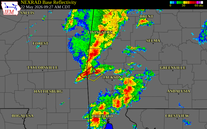 NEXRAD radar during the Friday, May 22, 2026 storm activity in Clarke County, Alabama