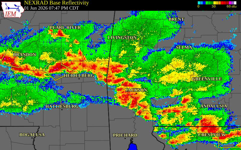 NEXRAD radar during the Monday, June 1, 2026 storm activity in Clarke County, Alabama