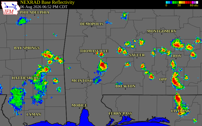 NEXRAD radar during the Thursday, August 6, 2026 storm activity in Clarke County, Alabama
