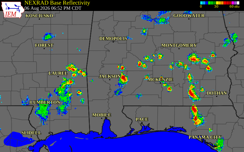 Radar snapshot during the Aug 6, 2026 wind event near Clarke County, Clarke County, Alabama, with NWS warning polygons