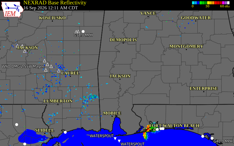Current NEXRAD radar over Clarke County, Alabama with recent storm report locations