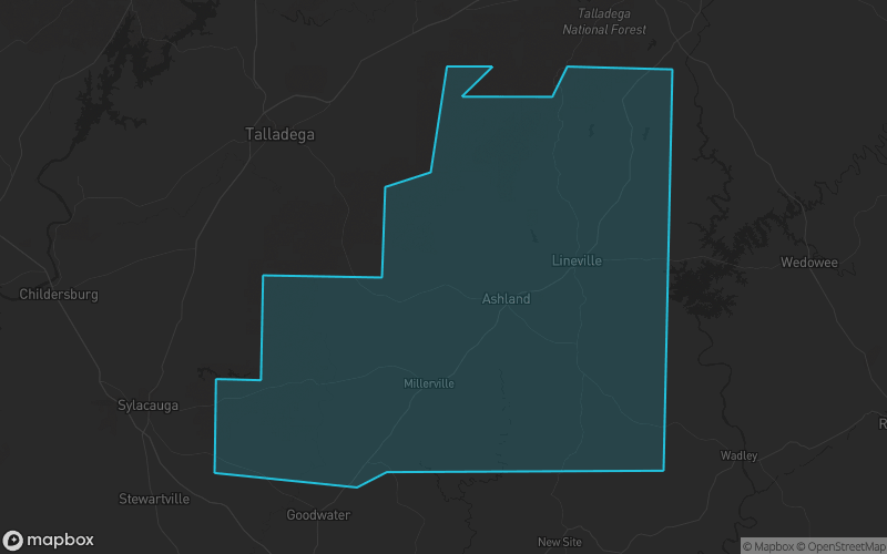 Map of Clay County, Alabama showing the county boundary and surrounding cities