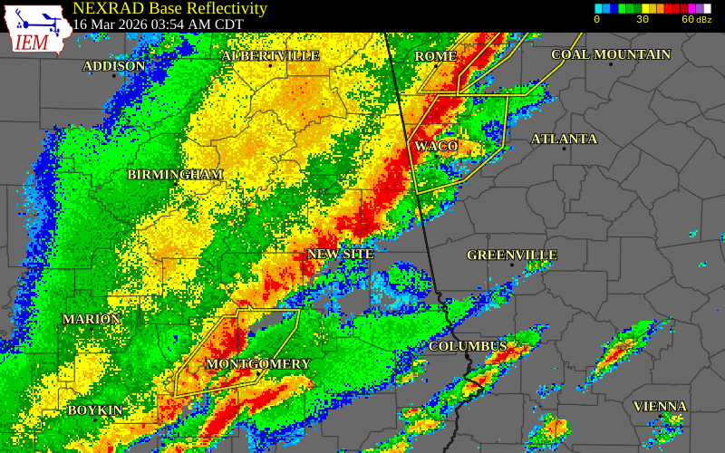 NEXRAD radar during the Monday, March 16, 2026 storm activity in Clay County, Alabama