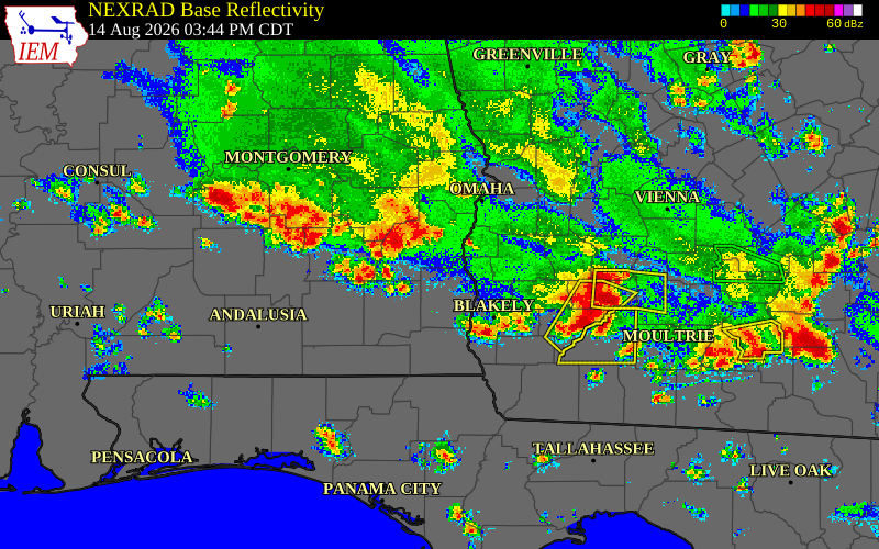 Radar snapshot during the Aug 1, 2026 wind event near Clay County, Clay County, Alabama, with NWS warning polygons
