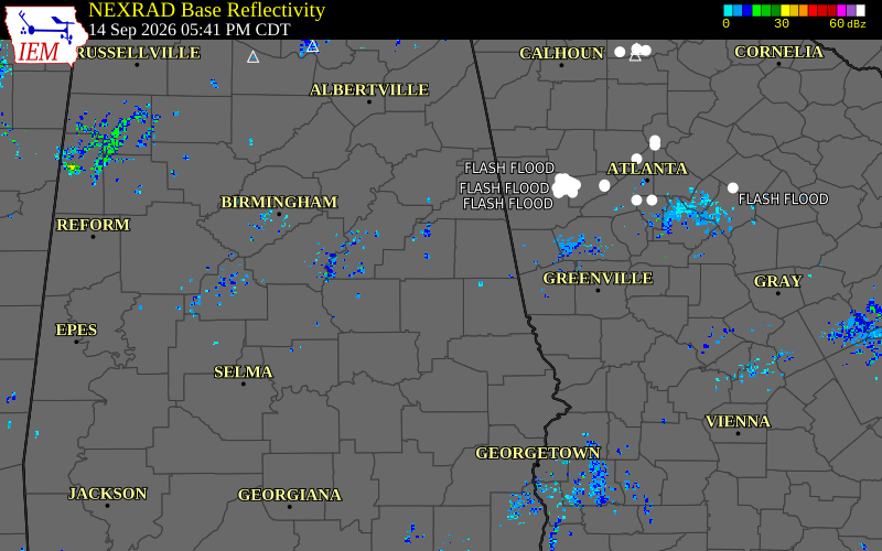 Current NEXRAD radar over Clay County, Alabama with recent storm report locations