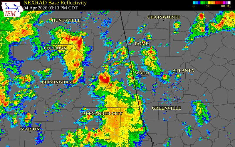NEXRAD radar during the Saturday, April 4, 2026 storm activity in Cleburne County, Alabama