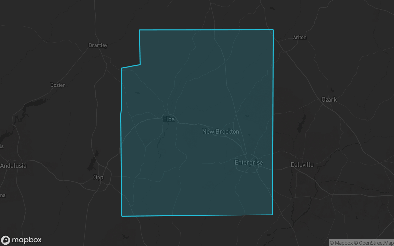 Map of Coffee County, Alabama showing the county boundary and surrounding cities